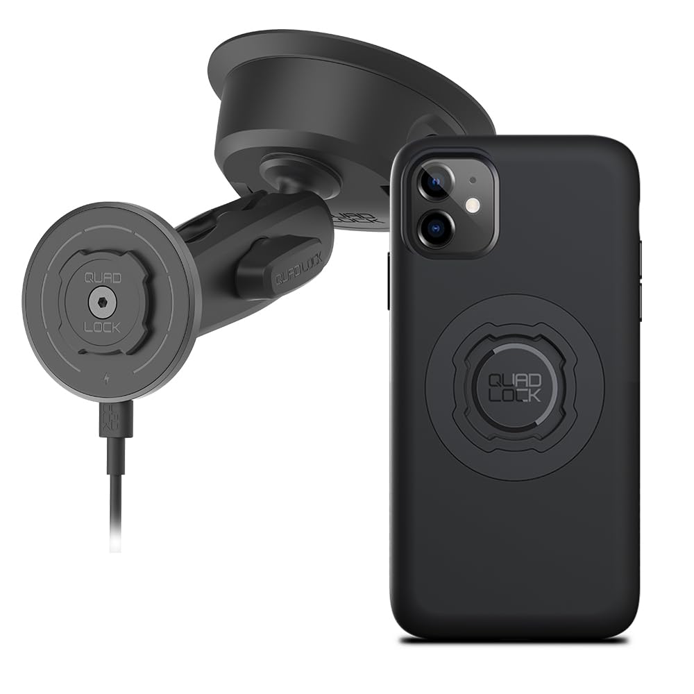 Quad Lock Heavy Duty Suction Car Phone Mount with MAG Phone Case and MAG Wireless Charging Head for iPhone