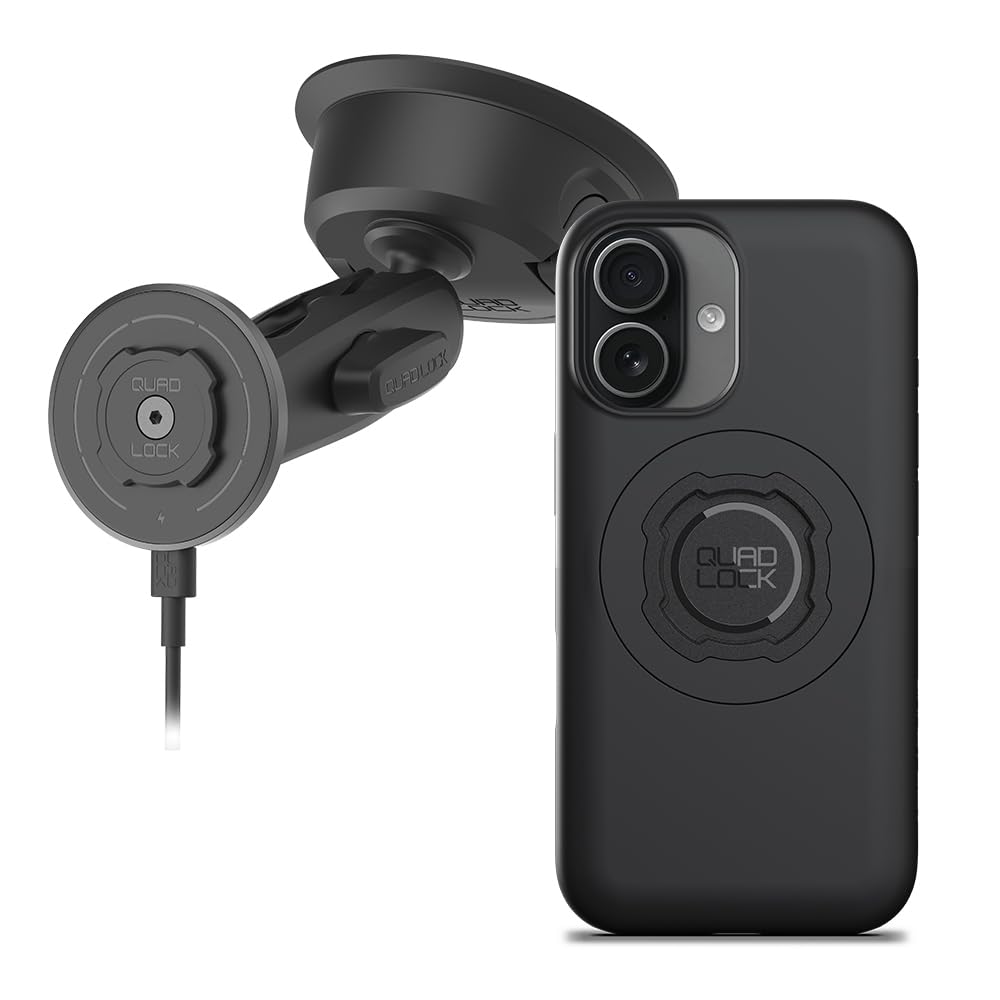 Quad Lock Heavy Duty Suction Car Phone Mount with MAG Phone Case and MAG Wireless Charging Head for iPhone