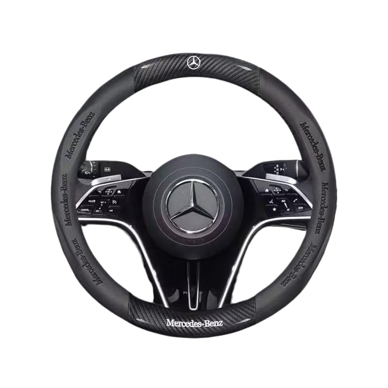 Non-Slip Car Steering Wheel Protector, Carbon Fiber Nappa Leather Cover with Embossed Logo, Universal Round Design