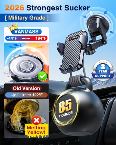 VANMASS【85+LBS Strongest Suction & Military-Grade Ultimate Car Phone Mount【Patent Safety Certs】 Cell Phone Holder for Dash Windshield Vent for iPhone 18 17 Pro Max Automobile Interior Sets, Ink Black