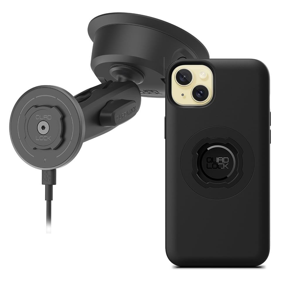 Quad Lock Heavy Duty Suction Car Phone Mount with MAG Phone Case and MAG Wireless Charging Head for iPhone