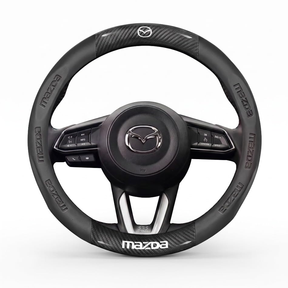 Non-Slip Car Steering Wheel Protector, Carbon Fiber Nappa Leather Cover with Embossed Logo, Universal Round Design