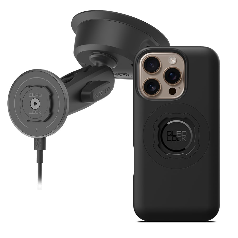 Quad Lock Heavy Duty Suction Car Phone Mount with MAG Phone Case and MAG Wireless Charging Head for iPhone