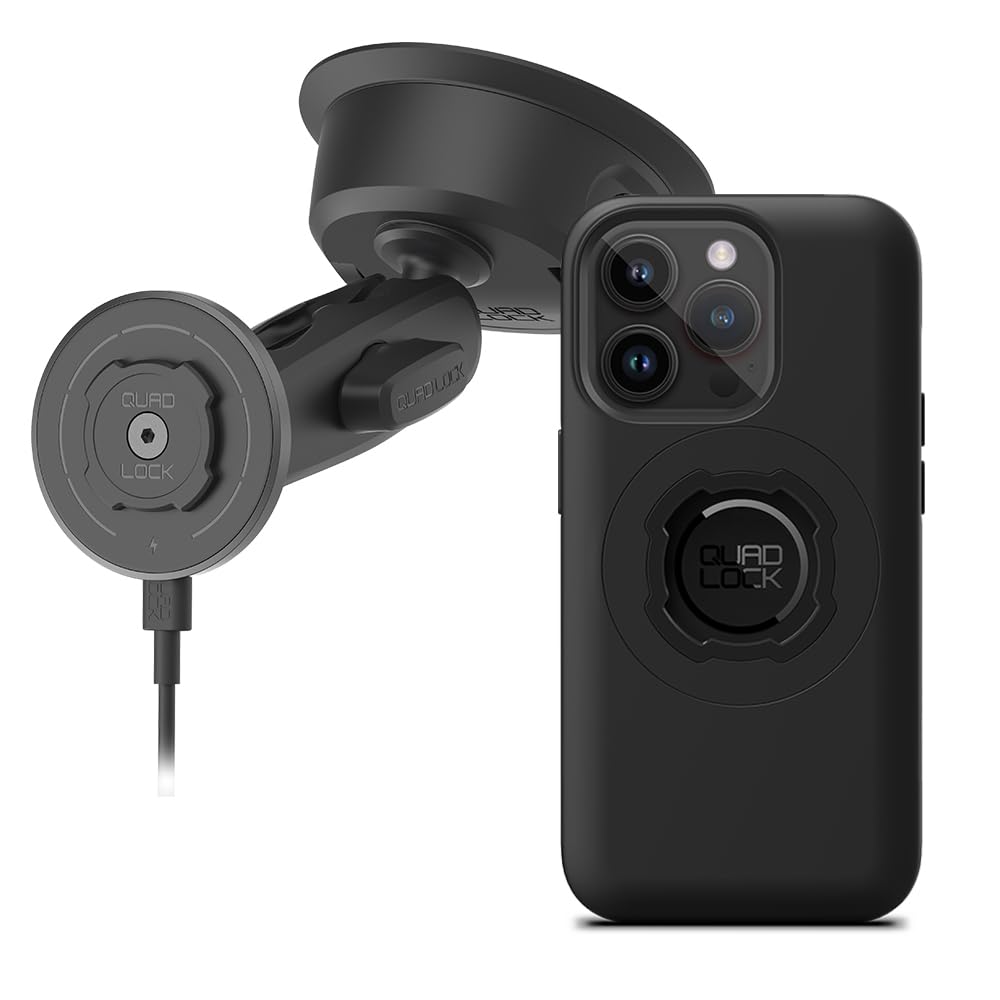 Quad Lock Heavy Duty Suction Car Phone Mount with MAG Phone Case and MAG Wireless Charging Head for iPhone