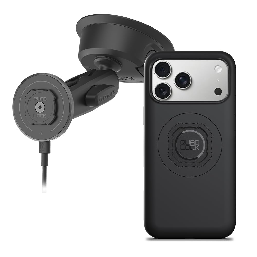 Quad Lock Heavy Duty Suction Car Phone Mount with MAG Phone Case and MAG Wireless Charging Head for iPhone