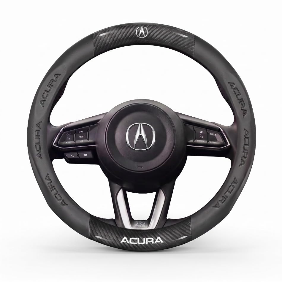 Non-Slip Car Steering Wheel Protector, Carbon Fiber Nappa Leather Cover with Embossed Logo, Universal Round Design