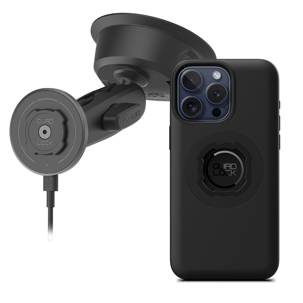 Quad Lock Heavy Duty Suction Car Phone Mount with MAG Phone Case and MAG Wireless Charging Head for iPhone