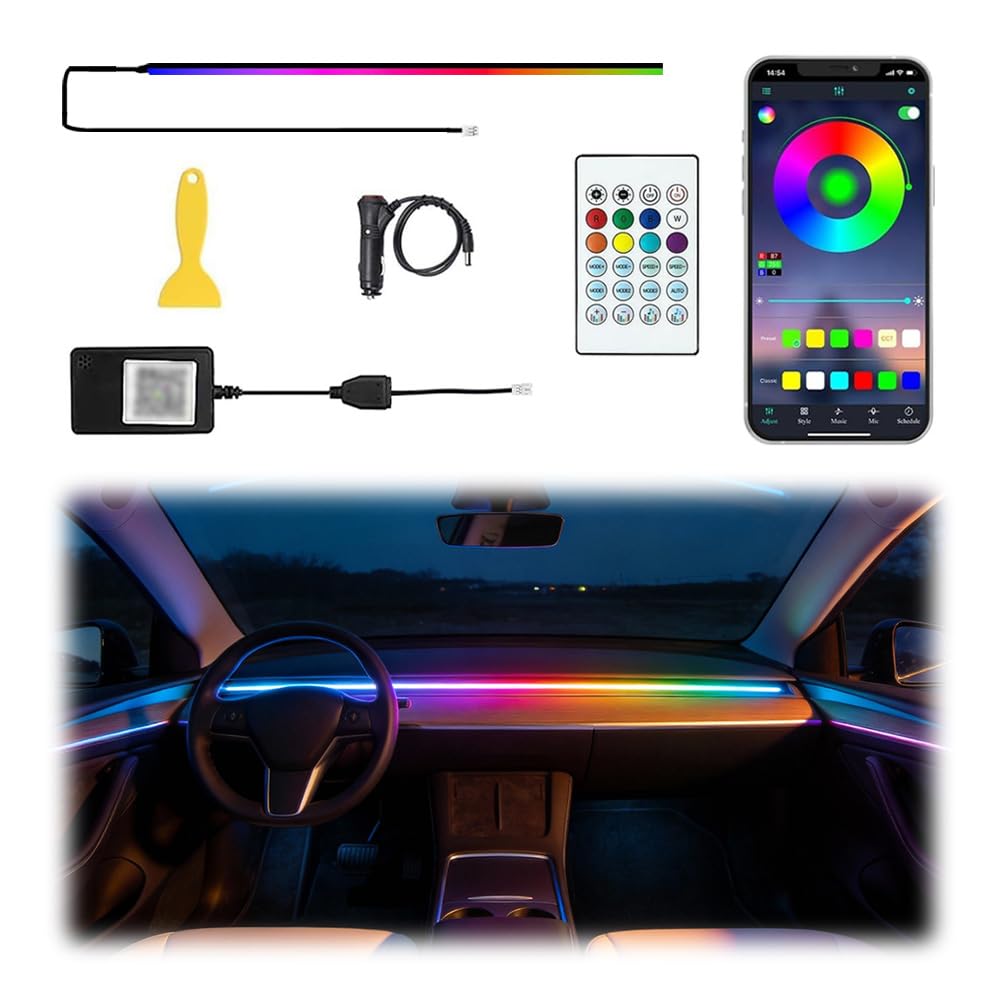 Acrylic Interior Car LED Lights with Remote and Wireless APP, Ambient Lighting Kits Fiber Optic Strip LEDs,16 Million Colors Music&DIY Function
