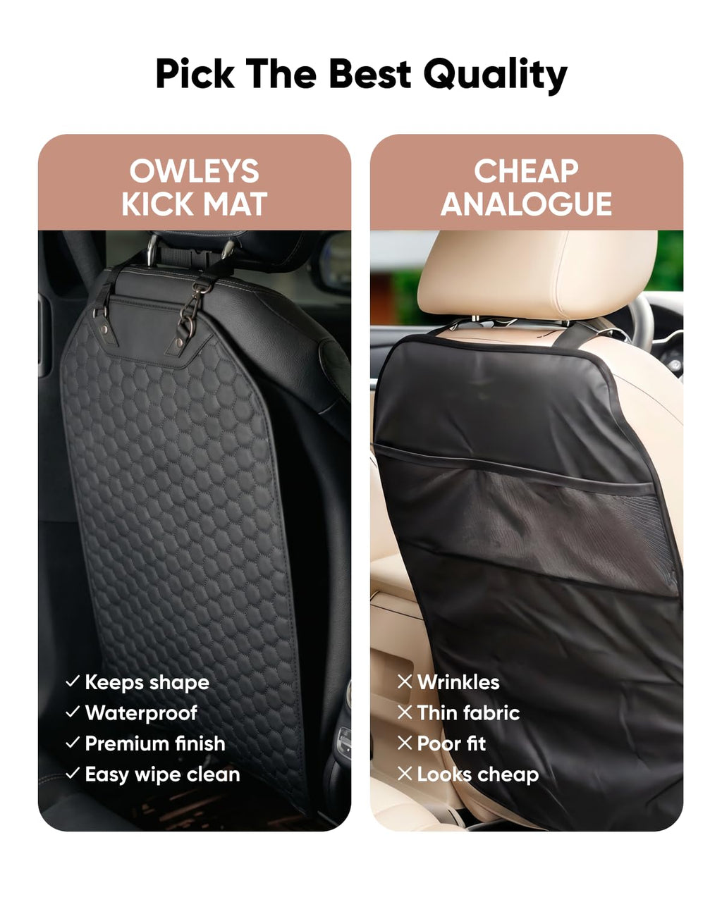 Owleys Kick Mat Back Seat Protector - Car Back Seat Cover for Kids Feet - Waterproof & Sturdy Protector for Upholstery from Dirt, Mud, Scratches and Stain