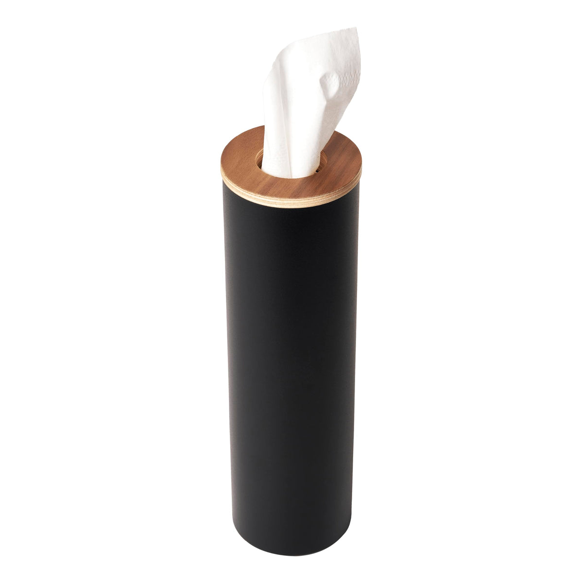 Yamazaki Home Rin Reusable Round Tissue Holder Case, Metal Tissue Container with Wooden Lid - Steel + Wood