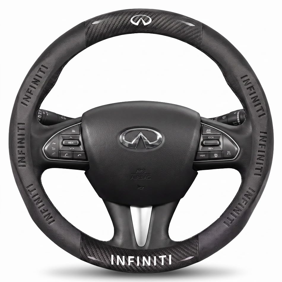 Non-Slip Car Steering Wheel Protector, Carbon Fiber Nappa Leather Cover with Embossed Logo, Universal Round Design