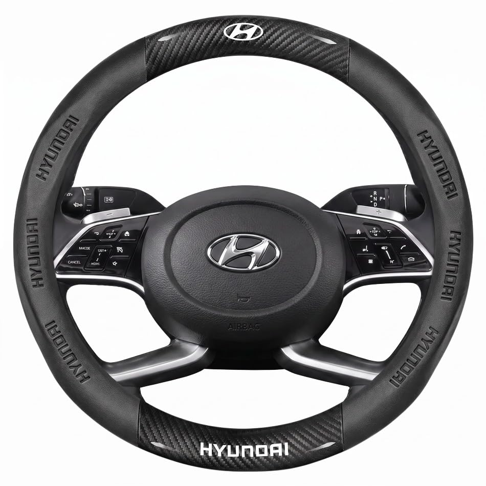 Non-Slip Car Steering Wheel Protector, Carbon Fiber Nappa Leather Cover with Embossed Logo, Universal Round Design