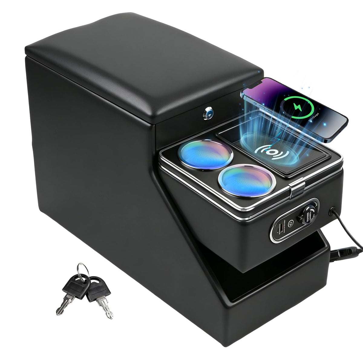 Donpida Center Console Organizer for Minivans, SUVs & Middle Van Seats - Floor-Mounted Lockable Storage Box with Dual Cup Holders, Ideal for Vehicle Interior
