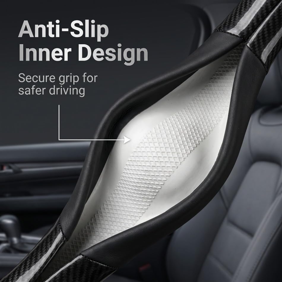 Non-Slip Car Steering Wheel Protector, Carbon Fiber Nappa Leather Cover with Embossed Logo, Universal Round Design