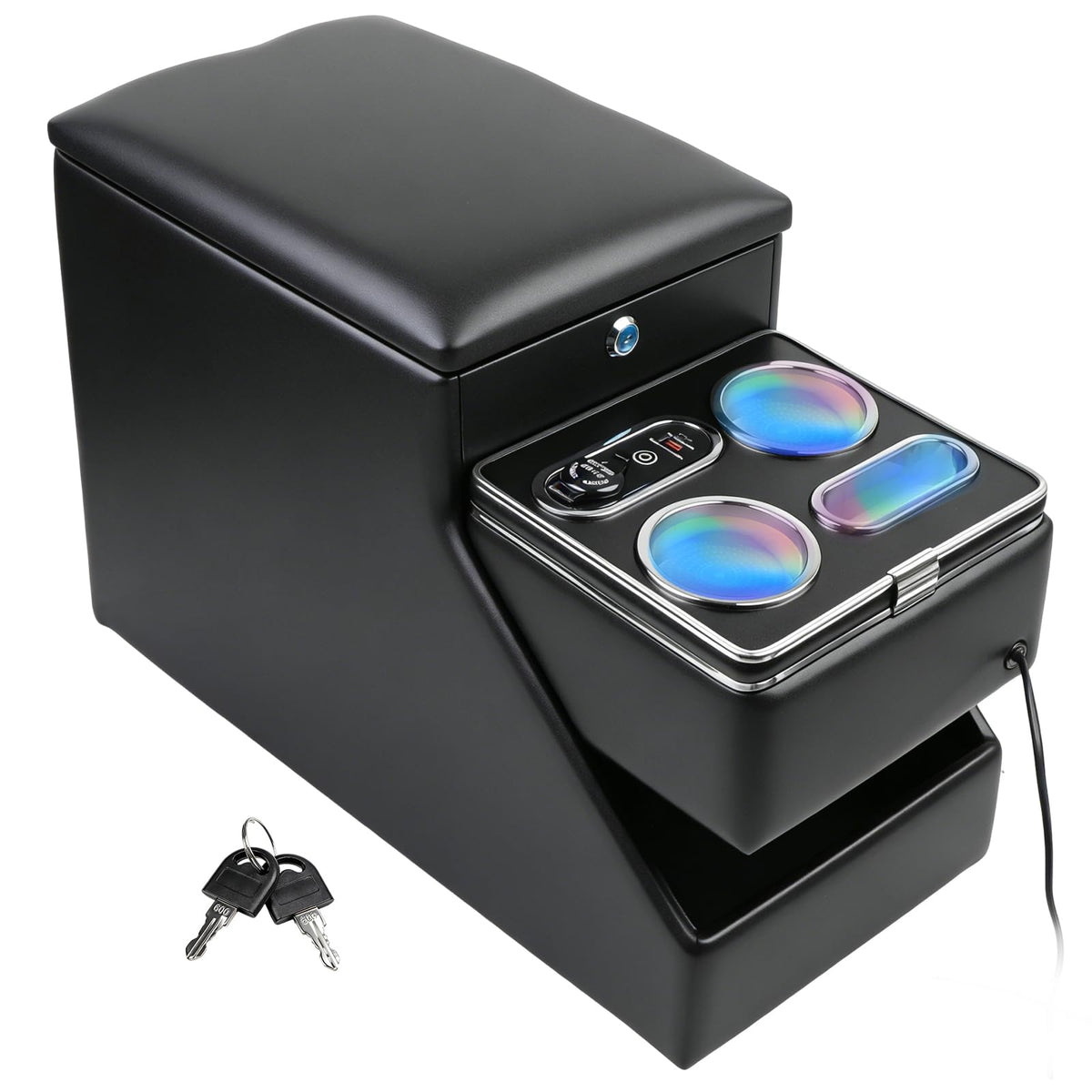 Lockable Center Console Organizer With Dual Cup Holders