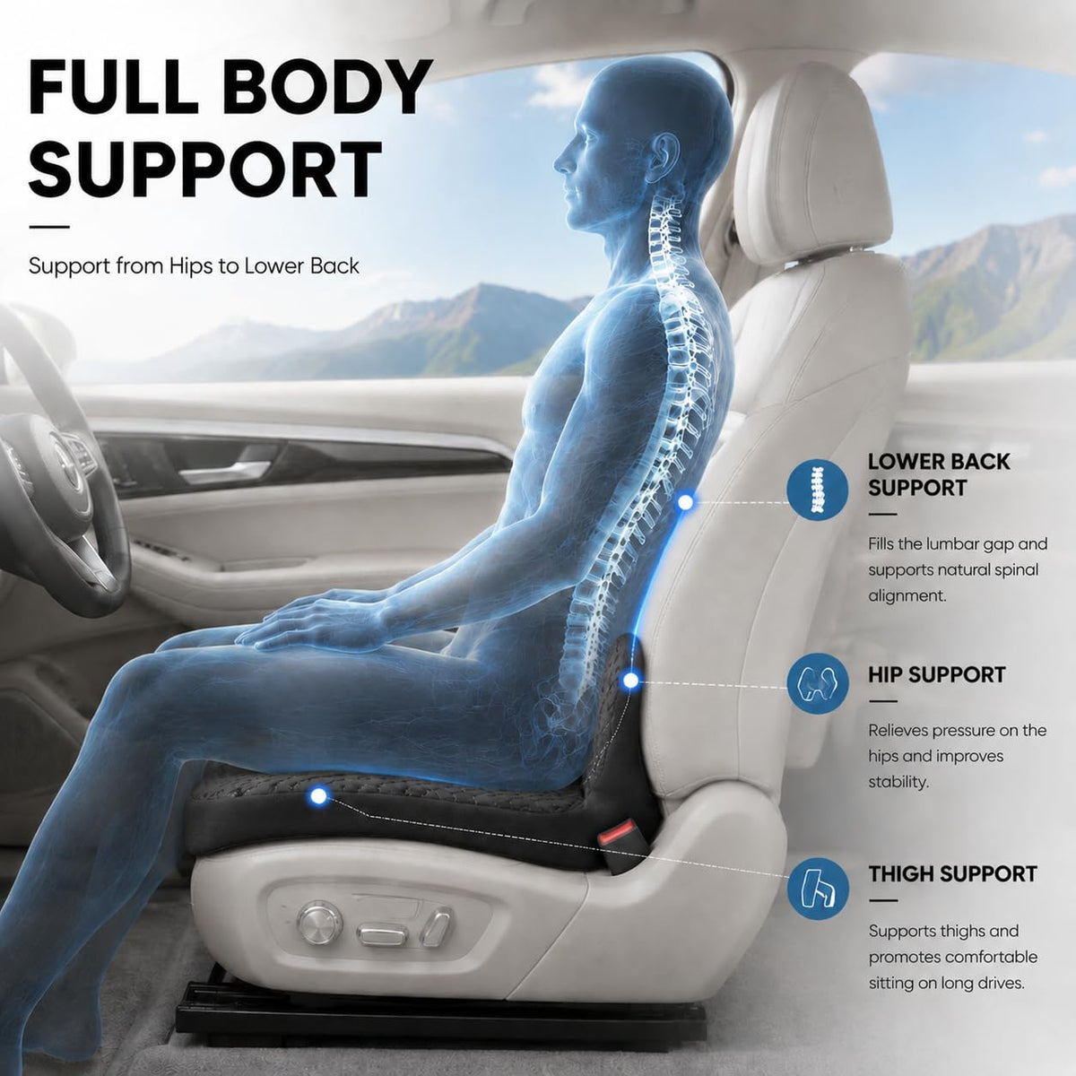 Car Seat Cushion with Integrated Lumbar Support, Memory Foam Pain Relief