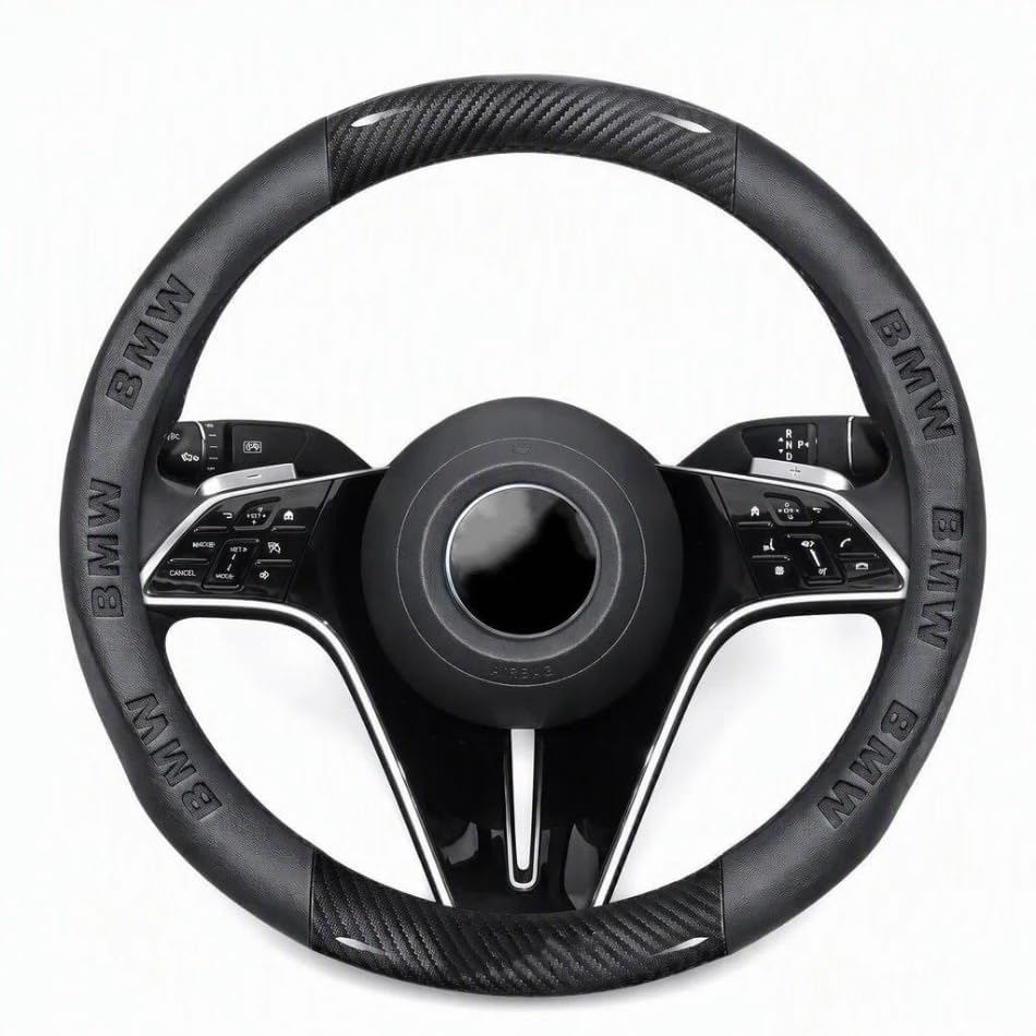 Non-Slip Car Steering Wheel Protector, Carbon Fiber Nappa Leather Cover with Embossed Logo, Universal Round Design