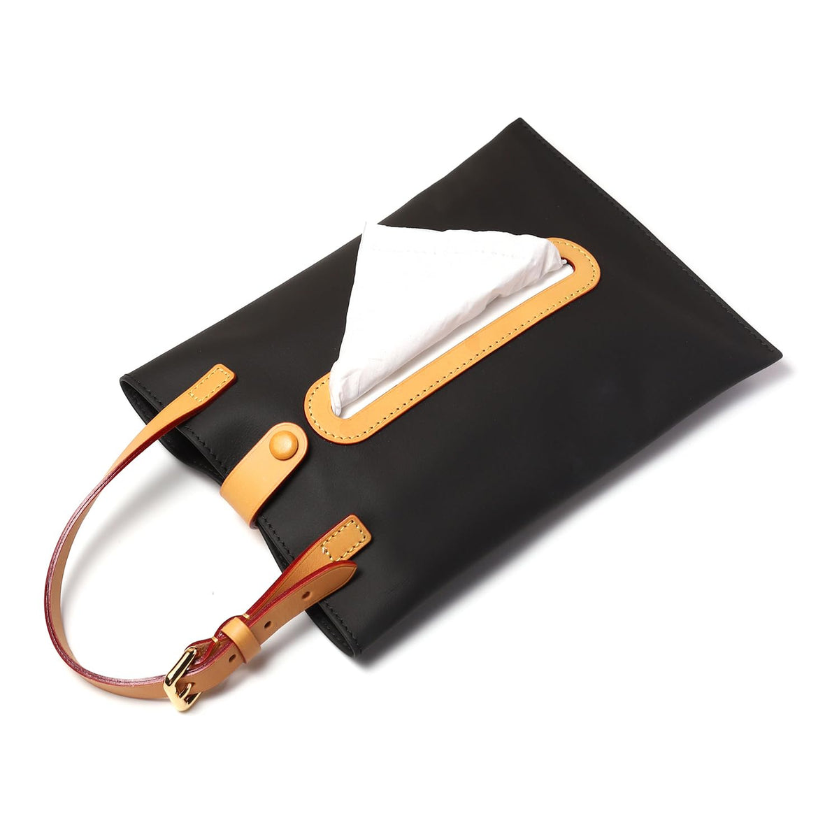 Leather Car Tissue Holder, Vegetable-Tanned Genuine Leather, Black and Amber, Matte Finish, Flexible Placement