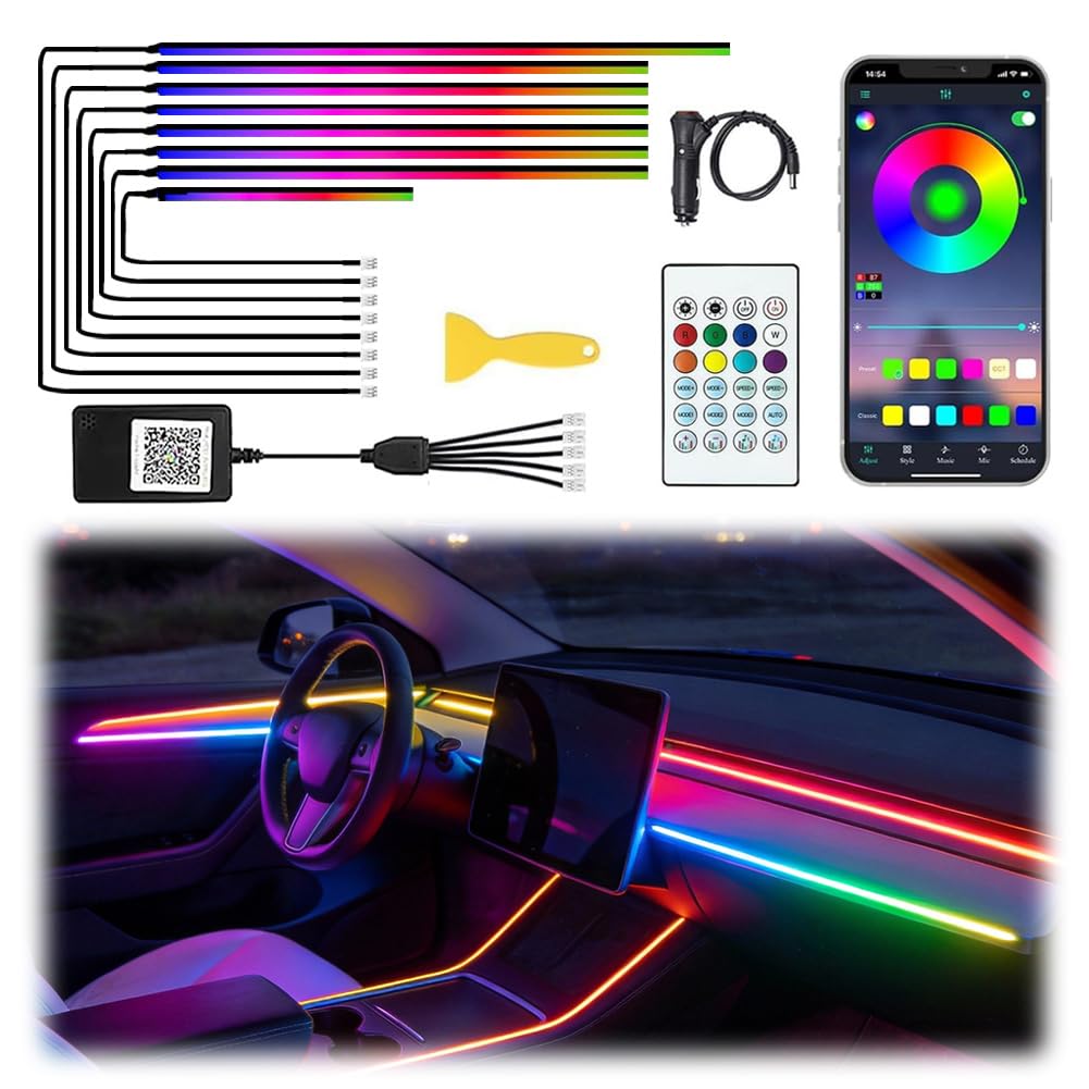Acrylic Interior Car LED Lights with Remote and Wireless APP, Ambient Lighting Kits Fiber Optic Strip LEDs,16 Million Colors Music&DIY Function