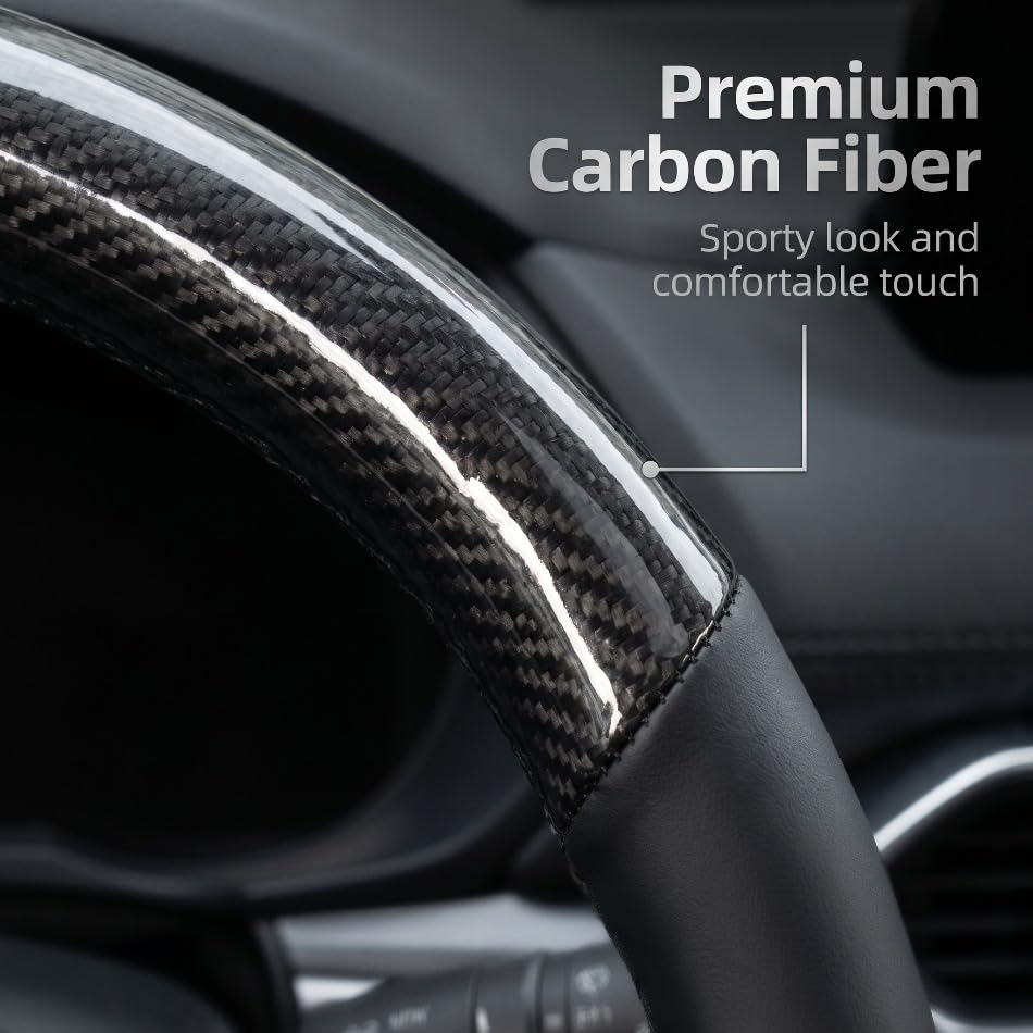 Non-Slip Car Steering Wheel Protector, Carbon Fiber Nappa Leather Cover with Embossed Logo, Universal Round Design