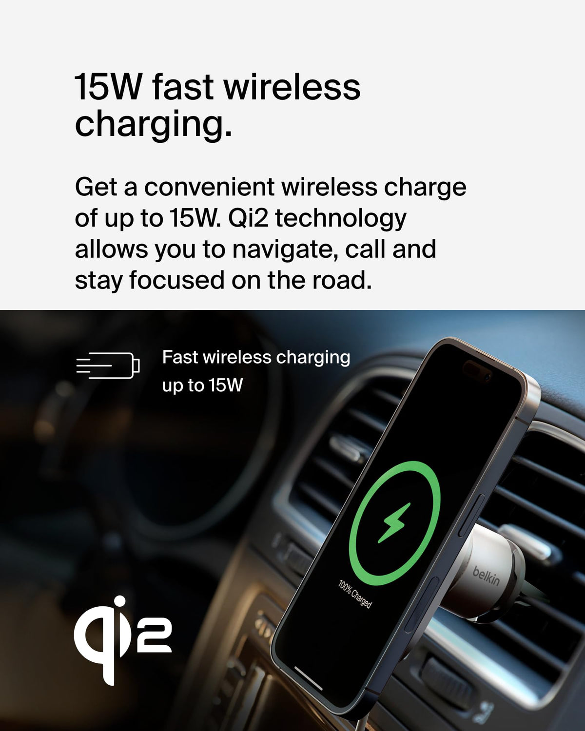 Magnetic Car Charger With 15W Wireless Charging