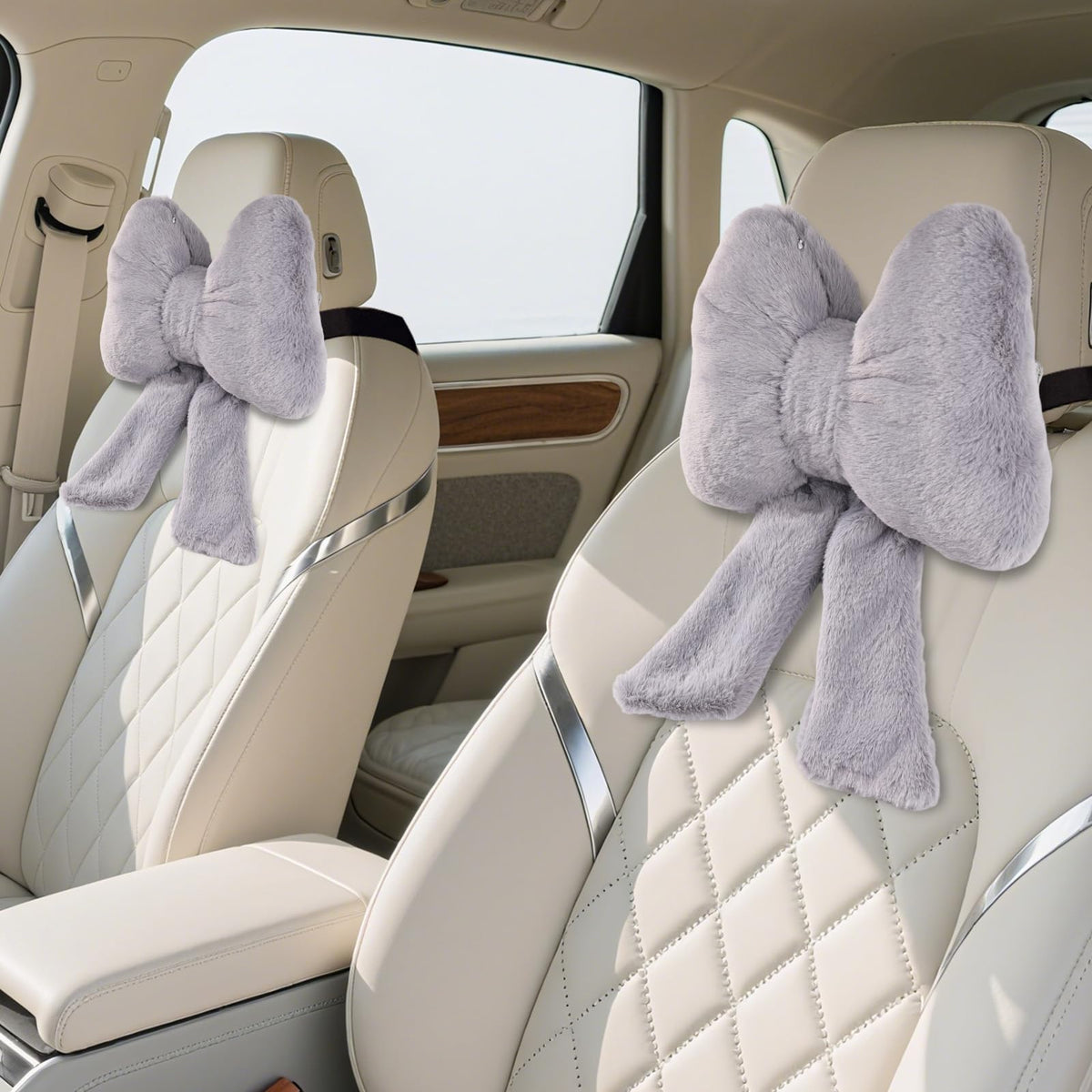 iHUFeather Bow Car Headrest Pillow Comfortable Soft Plush Head Rest Cushion (2PCS)