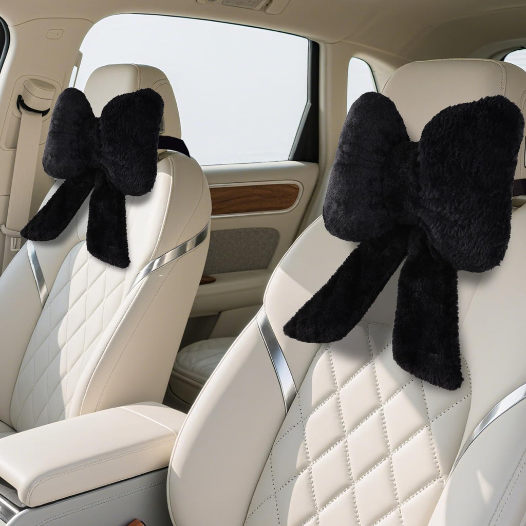 iHUFeather Bow Car Headrest Pillow Comfortable Soft Plush Head Rest Cushion (2PCS)