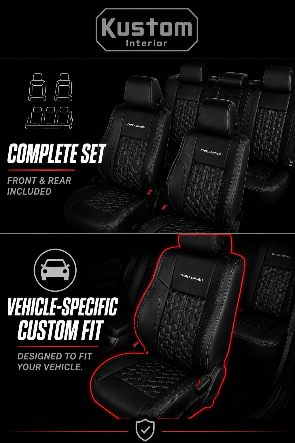 SR1 Performance Officially Licensed Custom Fit Seat Covers with Embroidered Logos - Premium Artificial Leather, Front & Rear Seat Protection
