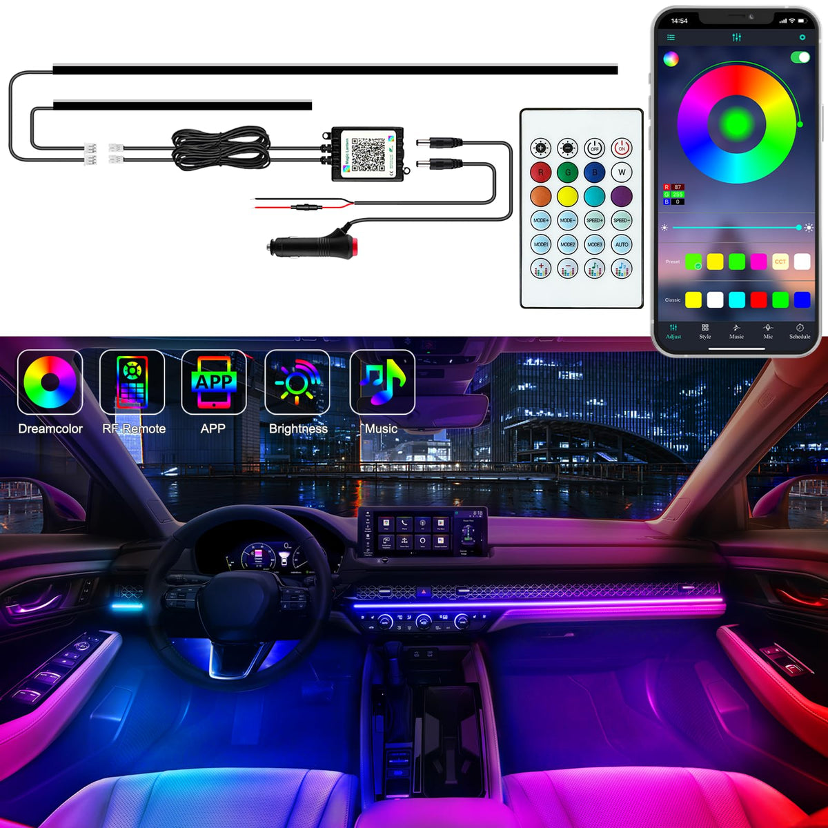 Jushope Interior Car LED Strip Lights, Acrylic LED Lights for Car with Dynamic Dreamcolor Chasing, Ambient Lighting Kits Music Sync Wireless APP and RF Remote Control