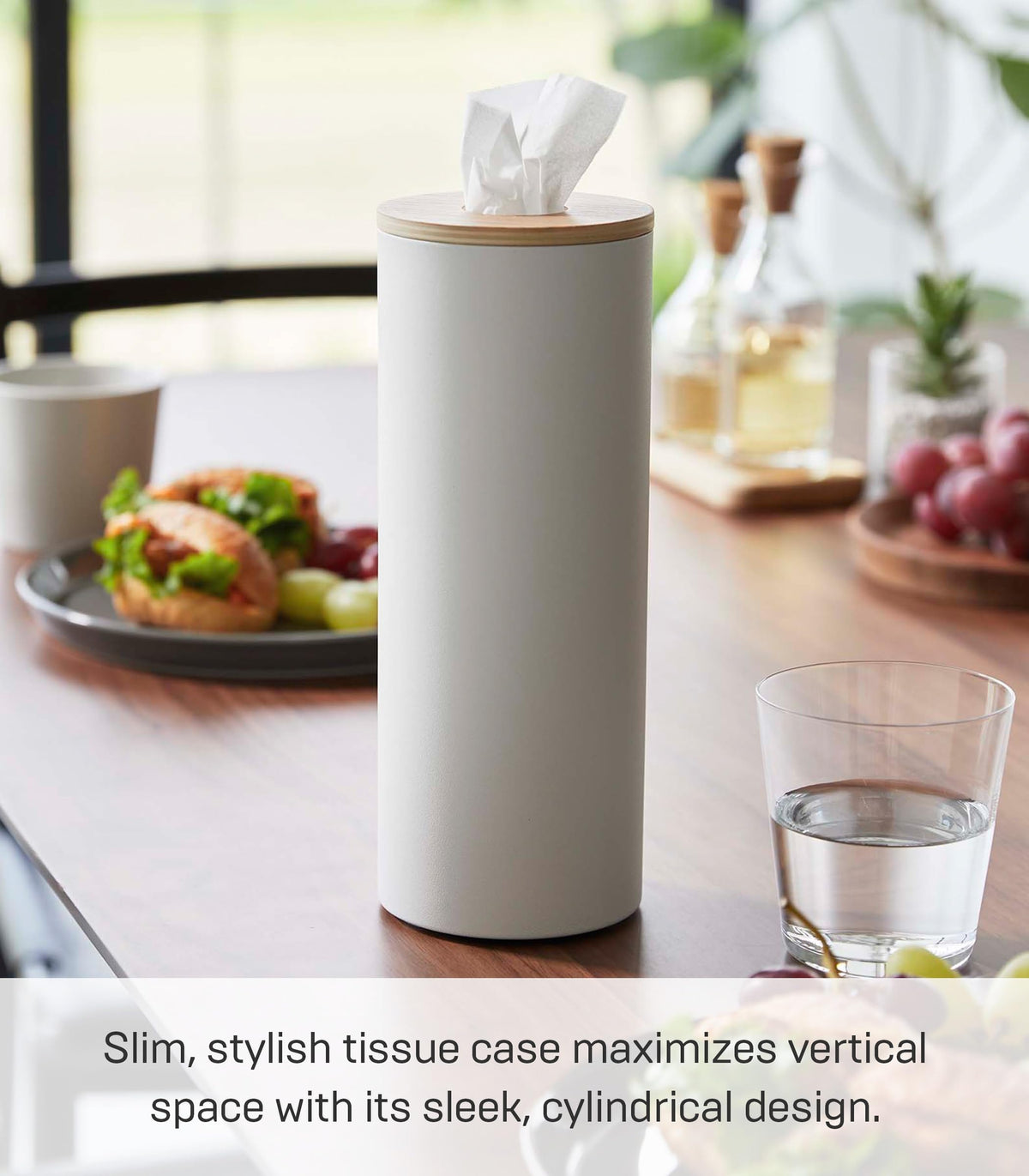 Yamazaki Home Rin Reusable Round Tissue Holder Case, Metal Tissue Container with Wooden Lid - Steel + Wood
