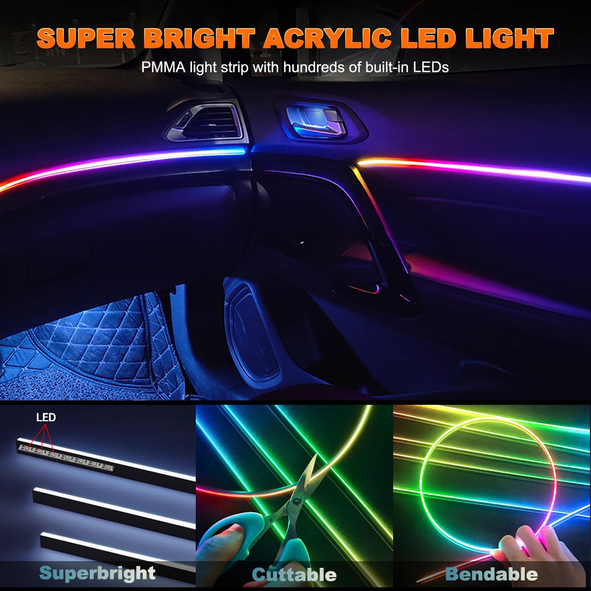 Jushope Interior Car LED Strip Lights, Acrylic LED Lights for Car with Dynamic Dreamcolor Chasing, Ambient Lighting Kits Music Sync Wireless APP and RF Remote Control