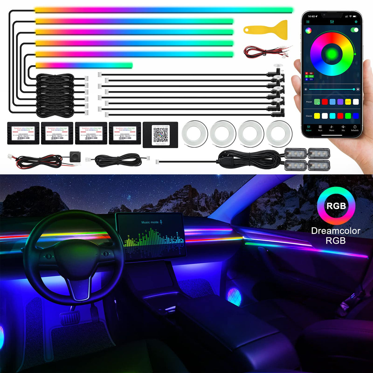 Acrylic Interior Car LED Strip Light with Wireless APP, RGB Dreamcolor 5 in 1 Ambient Lighting Kits, 16 Million Colors Sound Active Function Car Neon Lights, Sync to Music