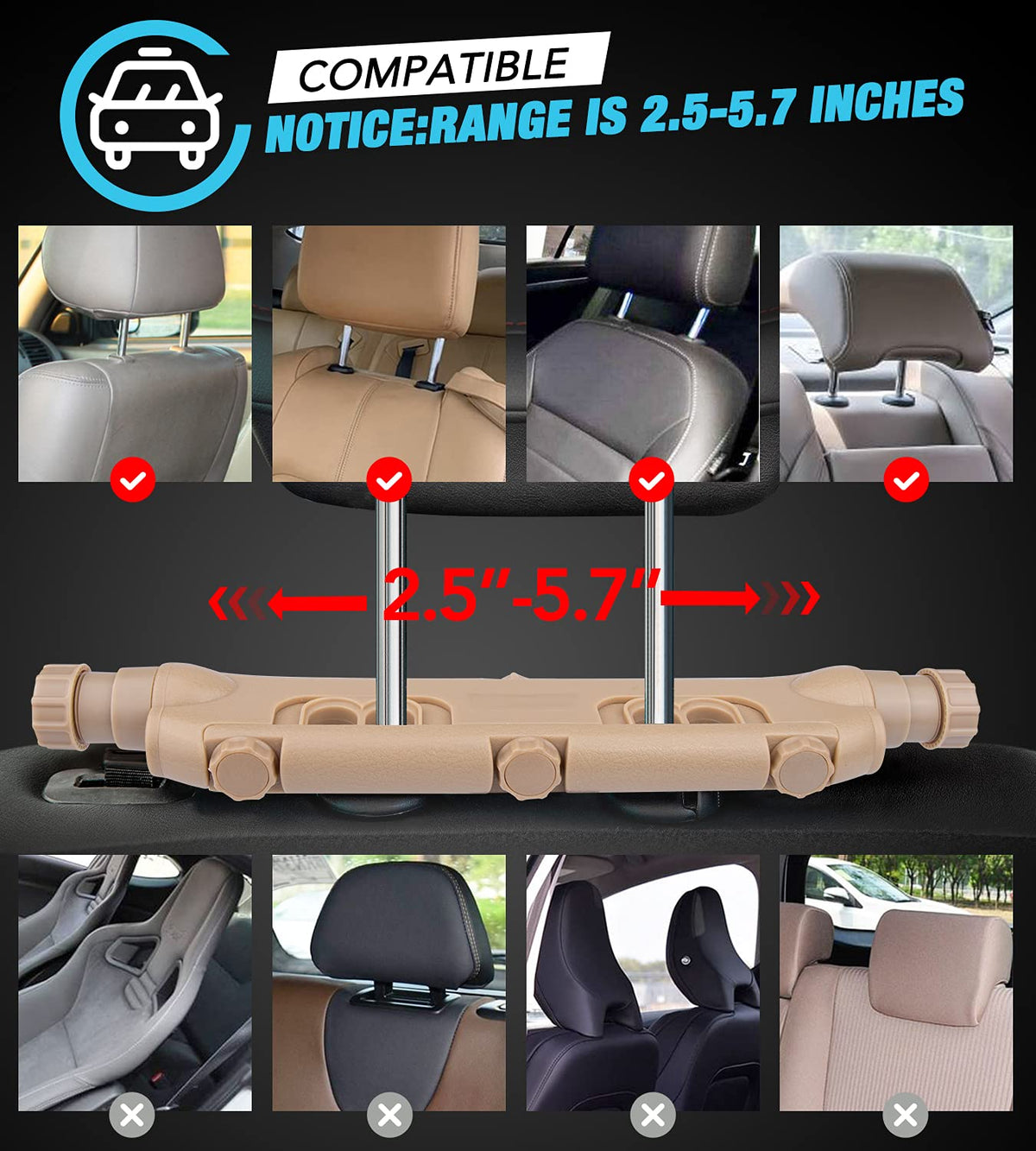 JZCreater Car Headrest Pillow, 180°Adjustable Head Neck Support Pillow, U- Shaped, Travel Sleeping Car Headrests, Only for Car Seat Headrest with 2 Metal Poles， Not for Fixed or Integrated headrests
