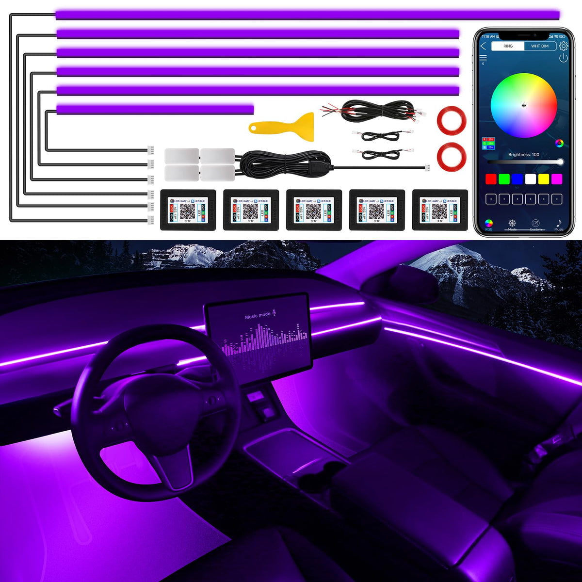 Acrylic Car LED Strip Light With Wireless App Control