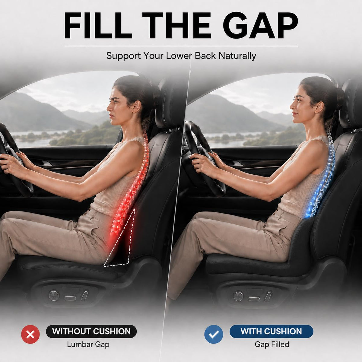 Car Seat Cushion with Integrated Lumbar Support, Memory Foam Pain Relief