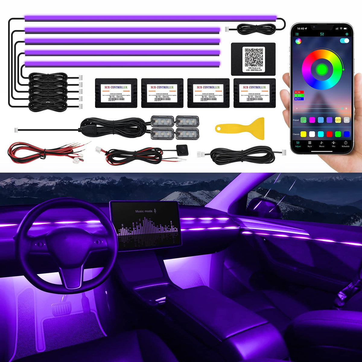 Acrylic Interior Car LED Strip Light with Wireless APP, RGB Dreamcolor 5 in 1 Ambient Lighting Kits, 16 Million Colors Sound Active Function Car Neon Lights, Sync to Music