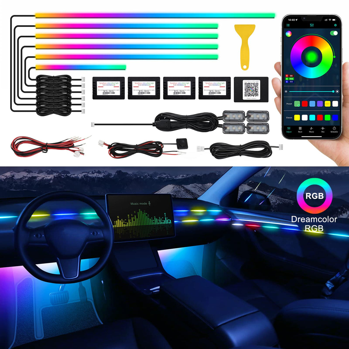 Acrylic Interior Car LED Strip Light with Wireless APP, RGB Dreamcolor 5 in 1 Ambient Lighting Kits, 16 Million Colors Sound Active Function Car Neon Lights, Sync to Music