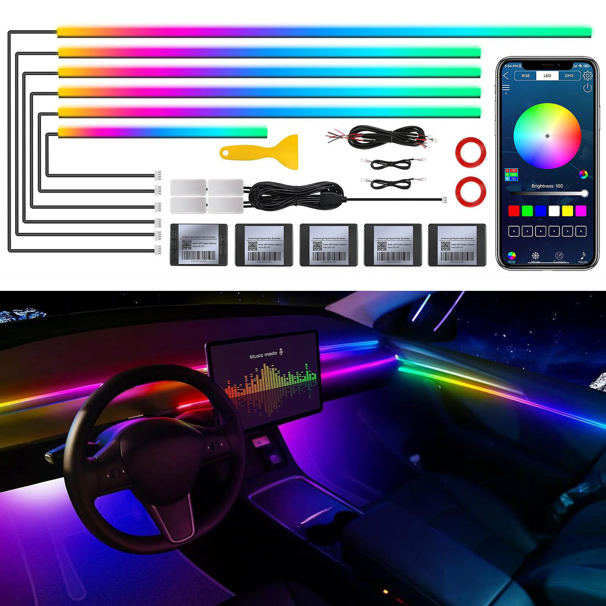 Acrylic Interior Car LED Strip Light with Wireless APP