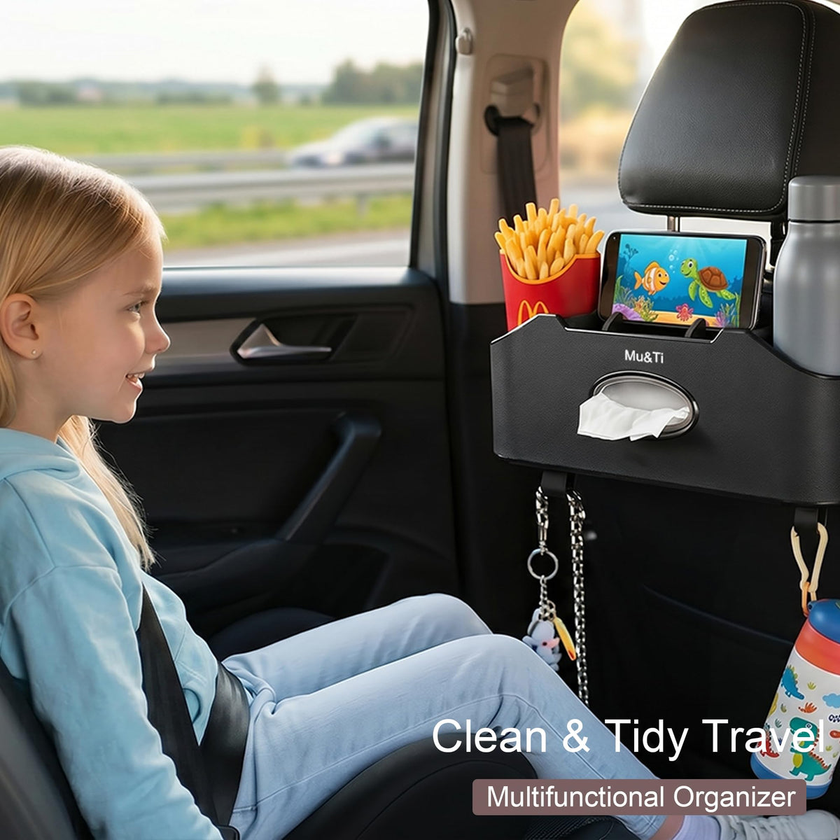 Mu&Ti Back Seat Car Organizer with Cup Holders Tissue Box Holder, Phone Stand and Hooks Multifunctional 4 in 1