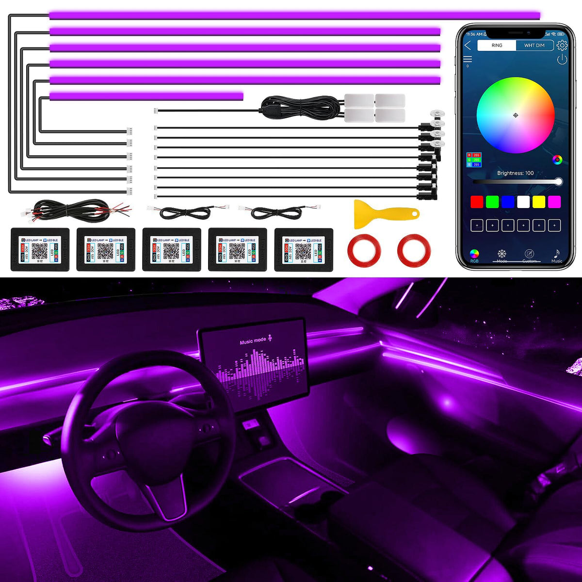 Acrylic Interior Car LED Strip Light with Wireless APP