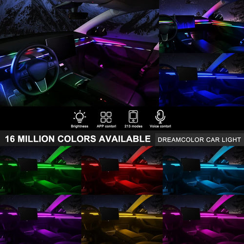Acrylic Interior Car LED Strip Light with Wireless APP, RGB Dreamcolor 5 in 1 Ambient Lighting Kits, 16 Million Colors Sound Active Function Car Neon Lights, Sync to Music