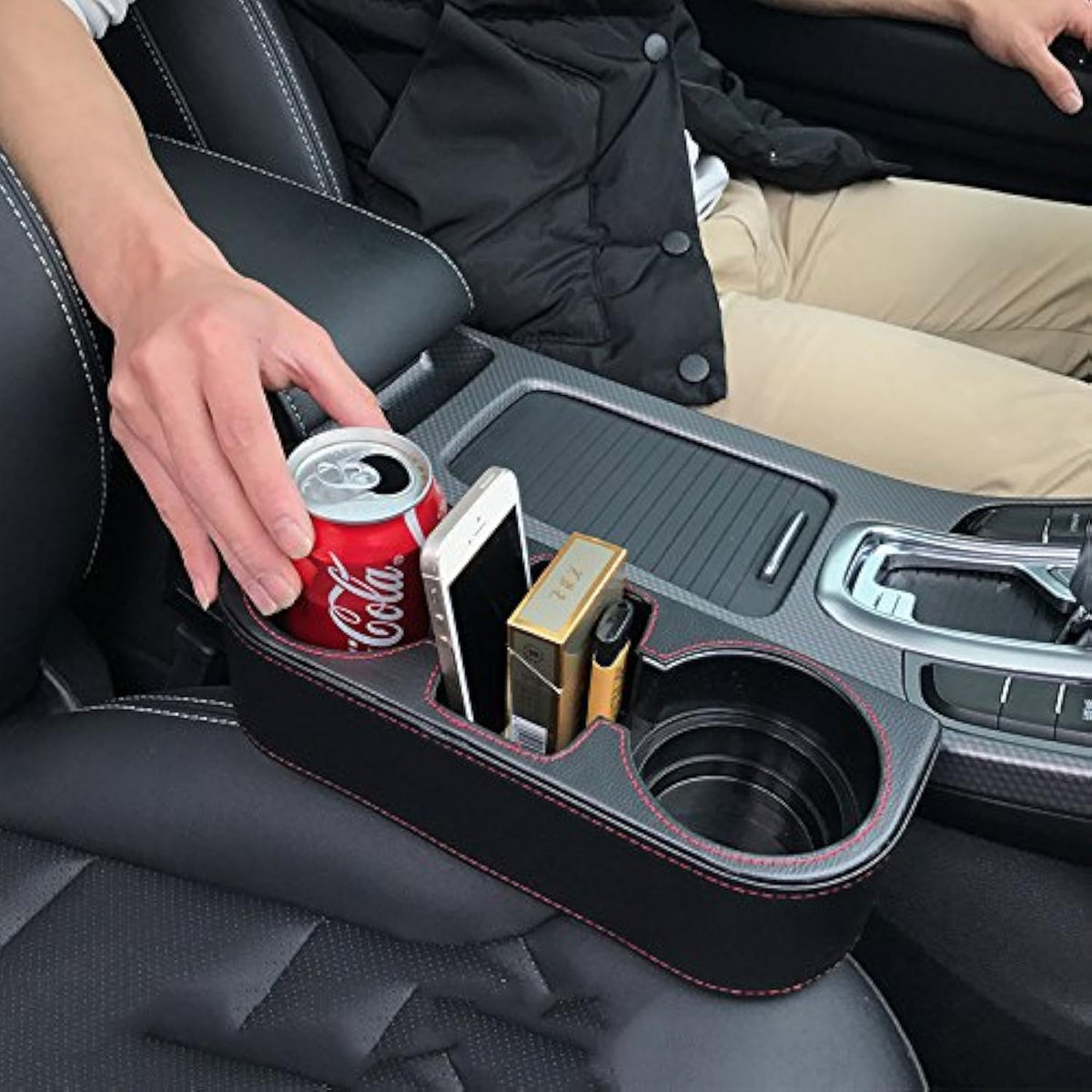 Iokone Coin Side Pocket Console Side Pocket Leather Cover Car Cup Holder Auto Front Seat Organizer Cell Mobile Phone Holder