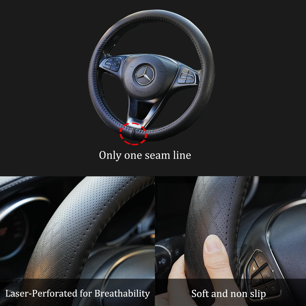 Veclod Black Genuine Leather Car Steering Wheel Cover for Men Women
