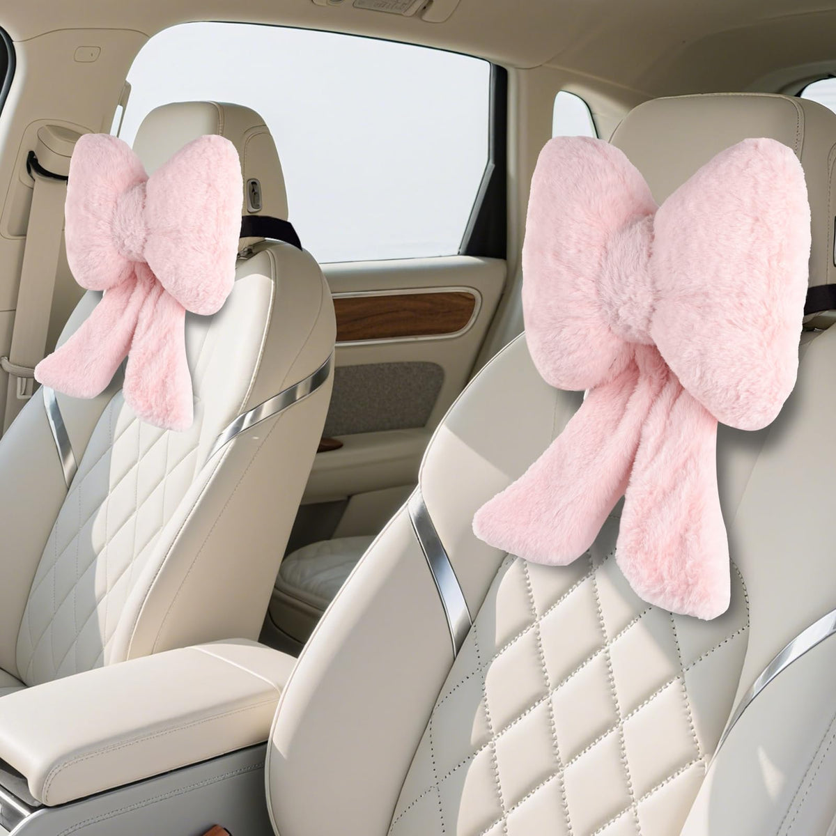 iHUFeather Bow Car Headrest Pillow Comfortable Soft Plush Head Rest Cushion (2PCS)