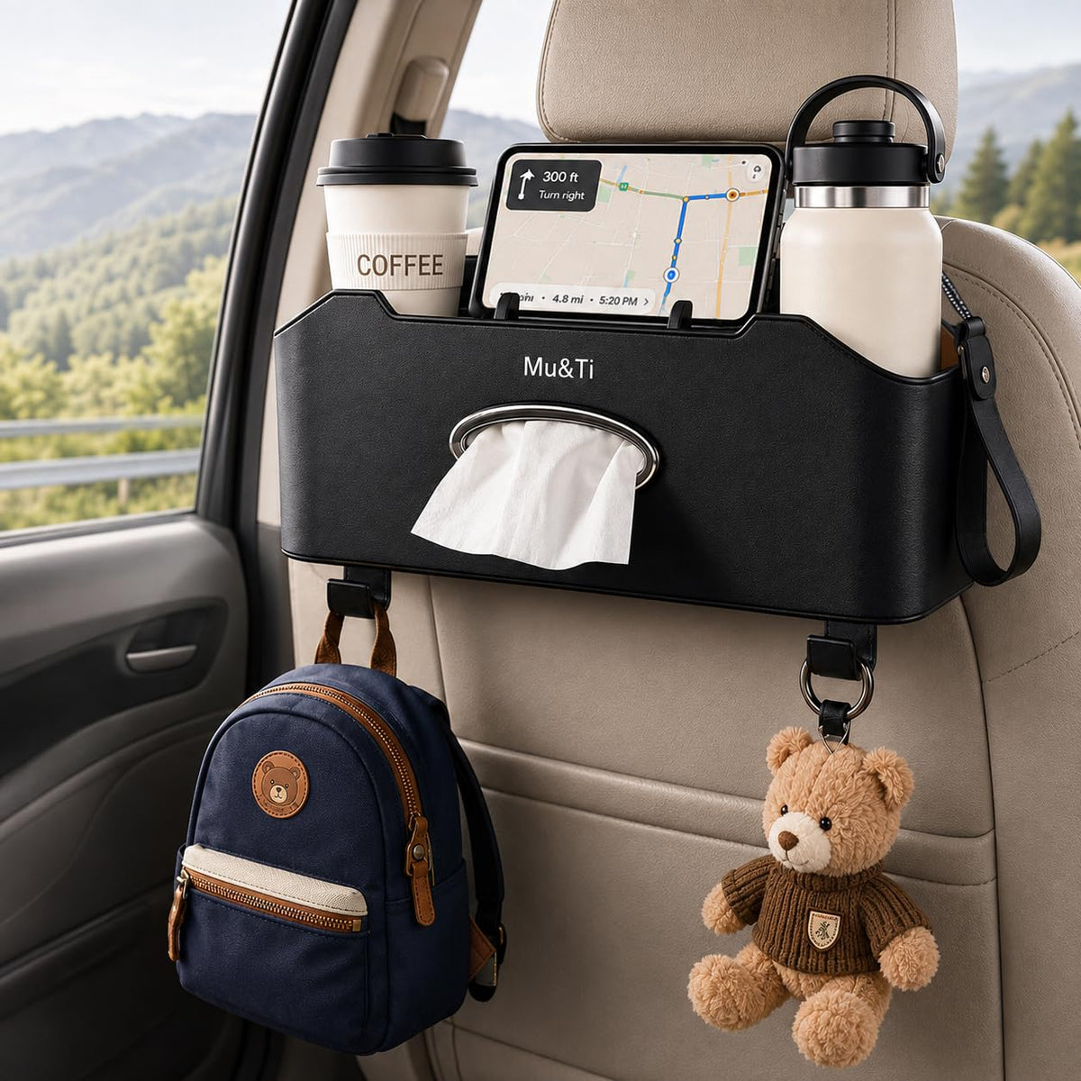 Mu&Ti Back Seat Car Organizer with Cup Holders Tissue Box Holder, Phone Stand and Hooks Multifunctional 4 in 1