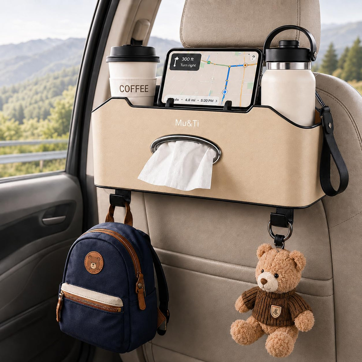 Mu&Ti Back Seat Car Organizer with Cup Holders Tissue Box Holder, Phone Stand and Hooks Multifunctional 4 in 1
