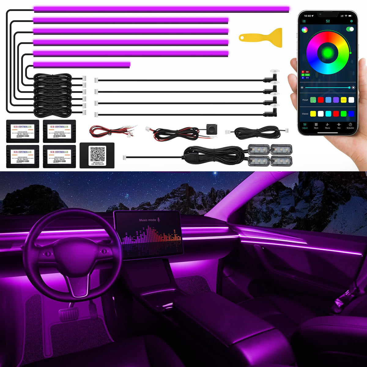 Acrylic Interior Car LED Strip Light with Wireless APP, RGB Dreamcolor 5 in 1 Ambient Lighting Kits, 16 Million Colors Sound Active Function Car Neon Lights, Sync to Music