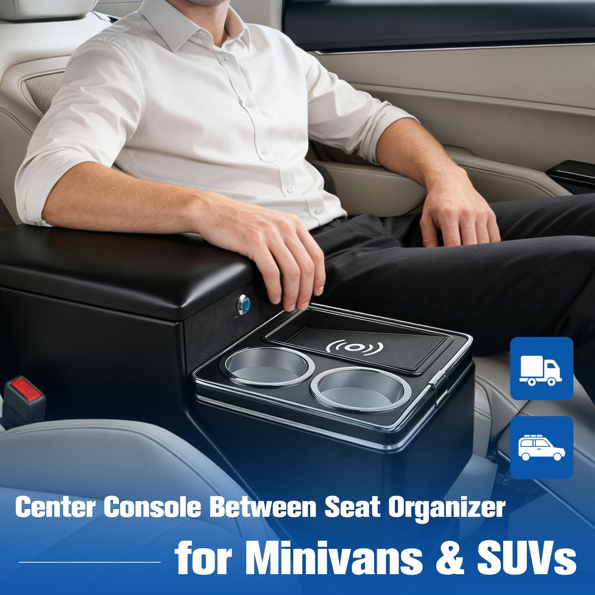 Donpida Center Console Organizer for Minivans, SUVs & Middle Van Seats - Floor-Mounted Lockable Storage Box with Dual Cup Holders, Ideal for Vehicle Interior