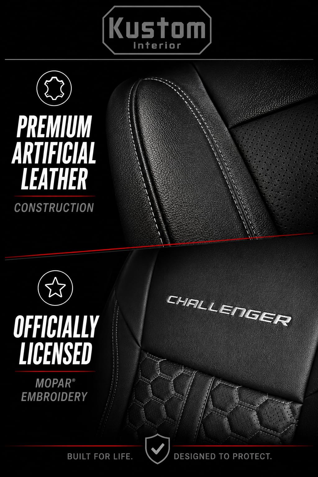 SR1 Performance Officially Licensed Custom Fit Seat Covers with Embroidered Logos - Premium Artificial Leather, Front & Rear Seat Protection