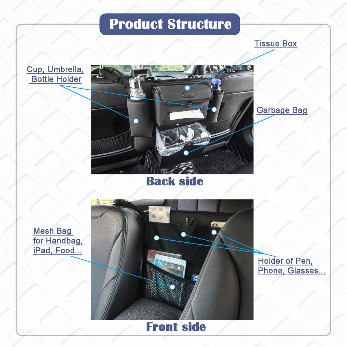 Car Organizer Between Seats, Garbage Trash Bag, Purse Holder, Dog Barrier